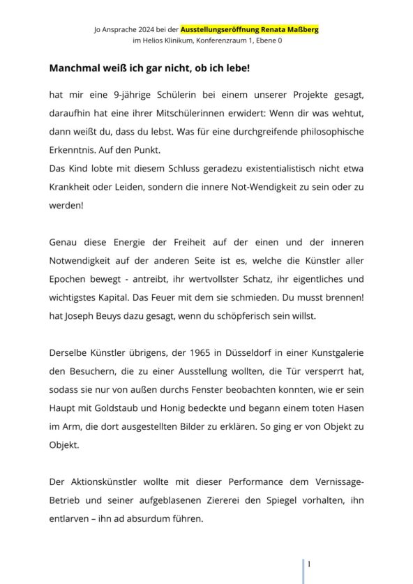Rede von Jo Köhler zur Ausstellungseröffnung von Renata Maßberg 2024 Teil 1