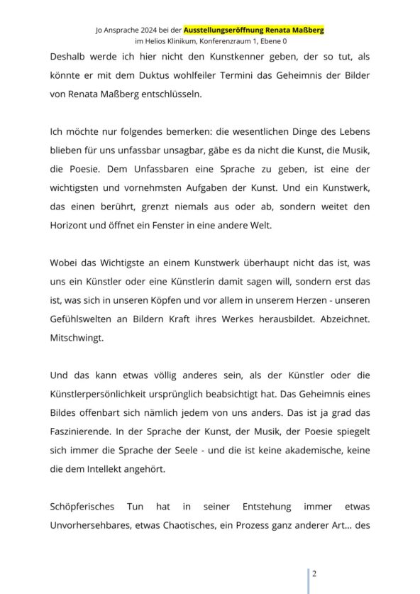 Rede von Jo Köhler zur Ausstellungseröffnung von Renata Maßberg 2024 Teil 2