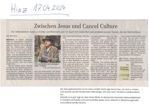 Rezension aus der Hildesheimer Allgemeinen Zeitung über das Buch "Hauptsache Bewegung" von Jo Köhler vom 17.04.2024