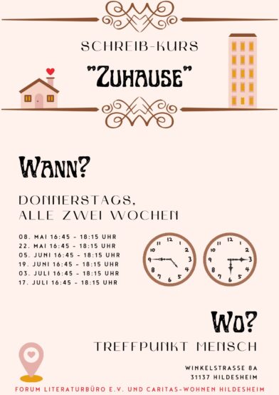 Ein Plakat lädt zum Schreibkurs zum Thema Zuhause in den Treffpunkt Mensch ein.