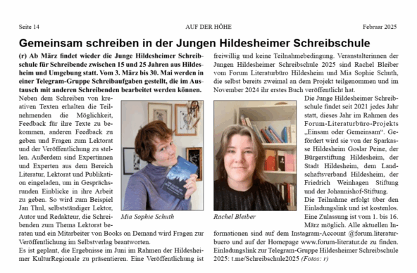Artikel in der Zeitung Auf der Höhe, der das Projekt Junge Hildesheimer Schreibschule ankündigt
