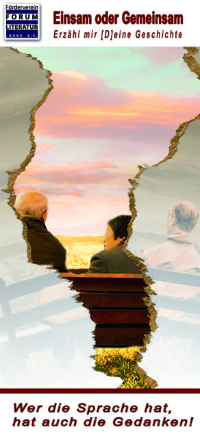 Vorderseite des Flyers zum Einsamkeitsprojekt. Zwei Menschen sitzen auf einer Bank und unterhalten sich.