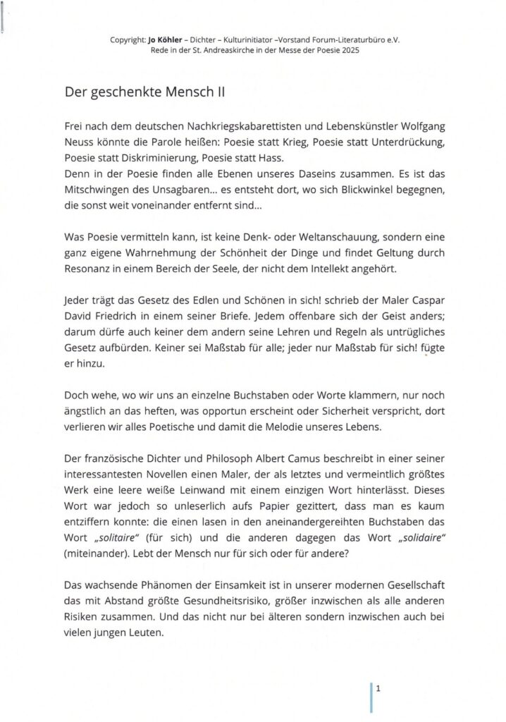 Rede zur Messe der Poesie von Jo Köhler