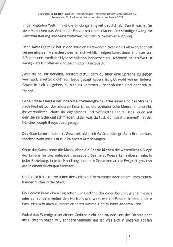 Rede zur Messe der Poesie von Jo Köhler