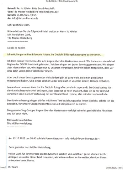 Mail bezüglich des Gedichtes Bildungskatastrophe von Jo Köhler