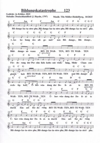 Notenblatt der Vertonung des Gedichtes Bildungskatastrophe von Jo Köhler