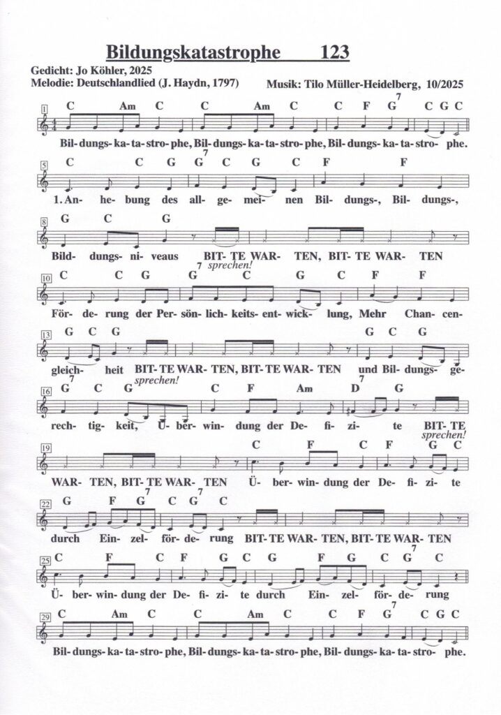 Notenblatt der Vertonung des Gedichtes Bildungskatastrophe von Jo Köhler