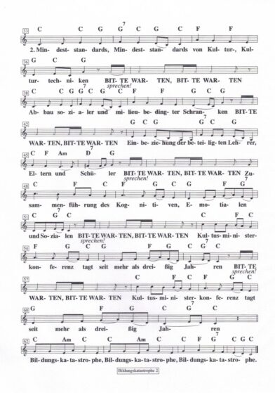 Notenblatt der Vertonung des Gedichtes Bildungskatastrophe von Jo Köhler