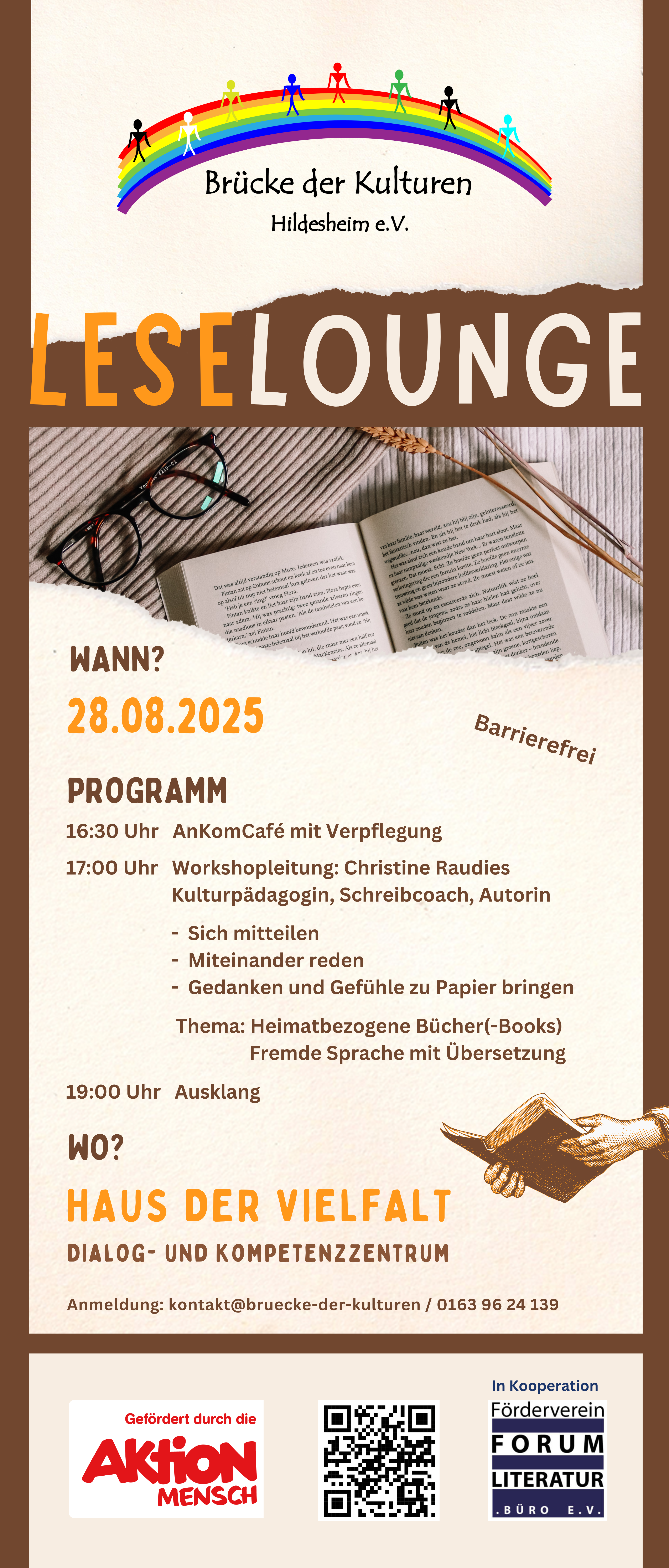 Ein Flyer, der in die Leselounge in das Haus der Vielfalt einlädt.