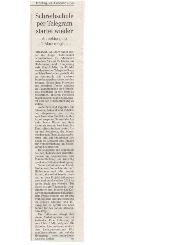 Artikel über die Junge Hildesheimer Schreibschule, der in der Hildesheimer Allgemeinen Zeitung erschienen ist.