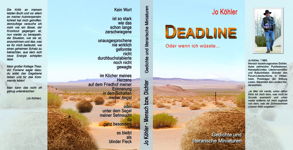 Das Buchcover des Buches "Deadline - Oder wenn ich wüsste" von Jo Köhler. Eine Wüstenlandschaft.